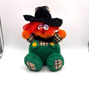 Fiesta 12 Inch‎ Halloween Plush Scarecrow Orange Hair Black Hat Green Overalls